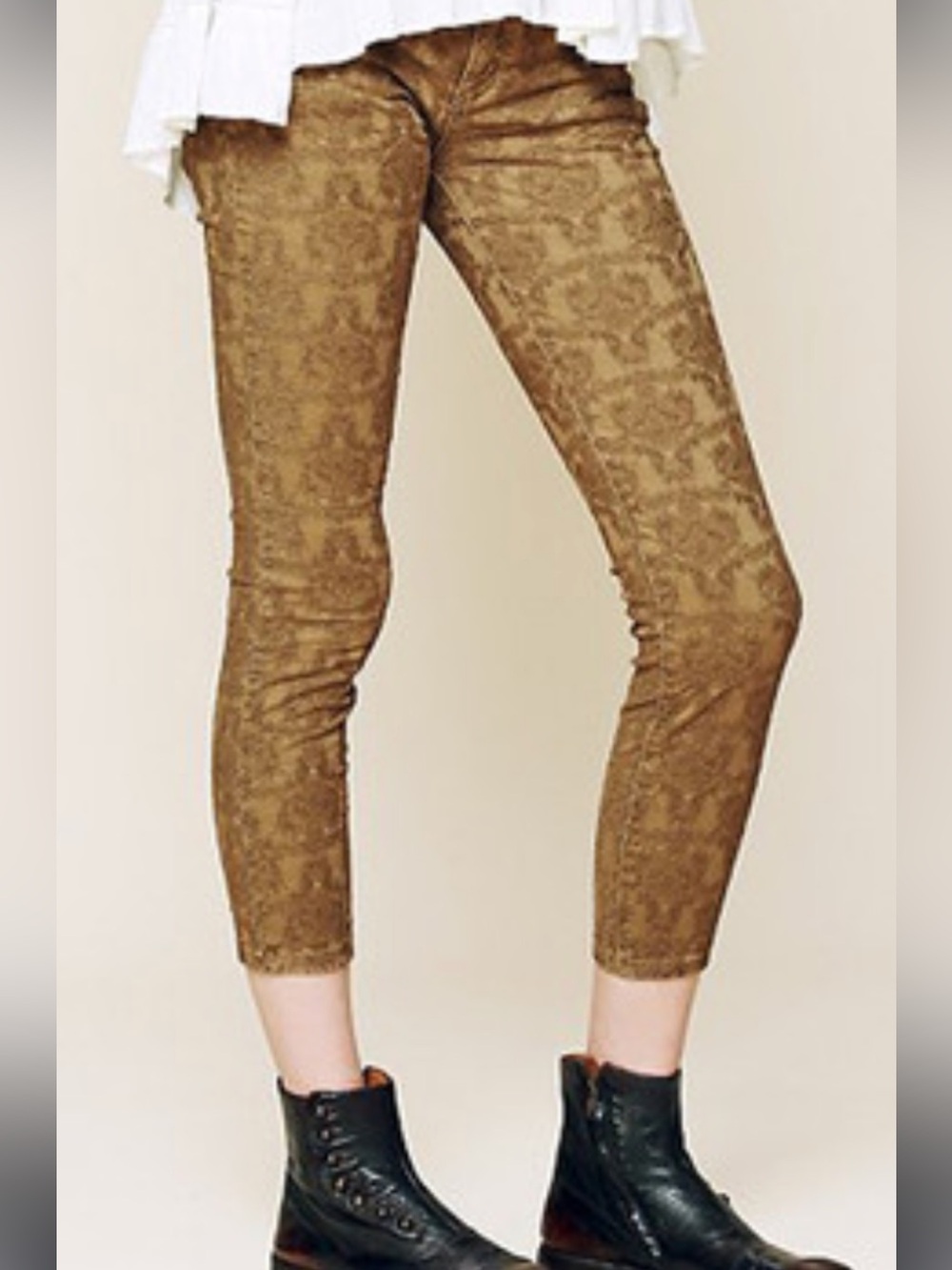 Free People Cropped Slim Pants in Mustard Jacquard